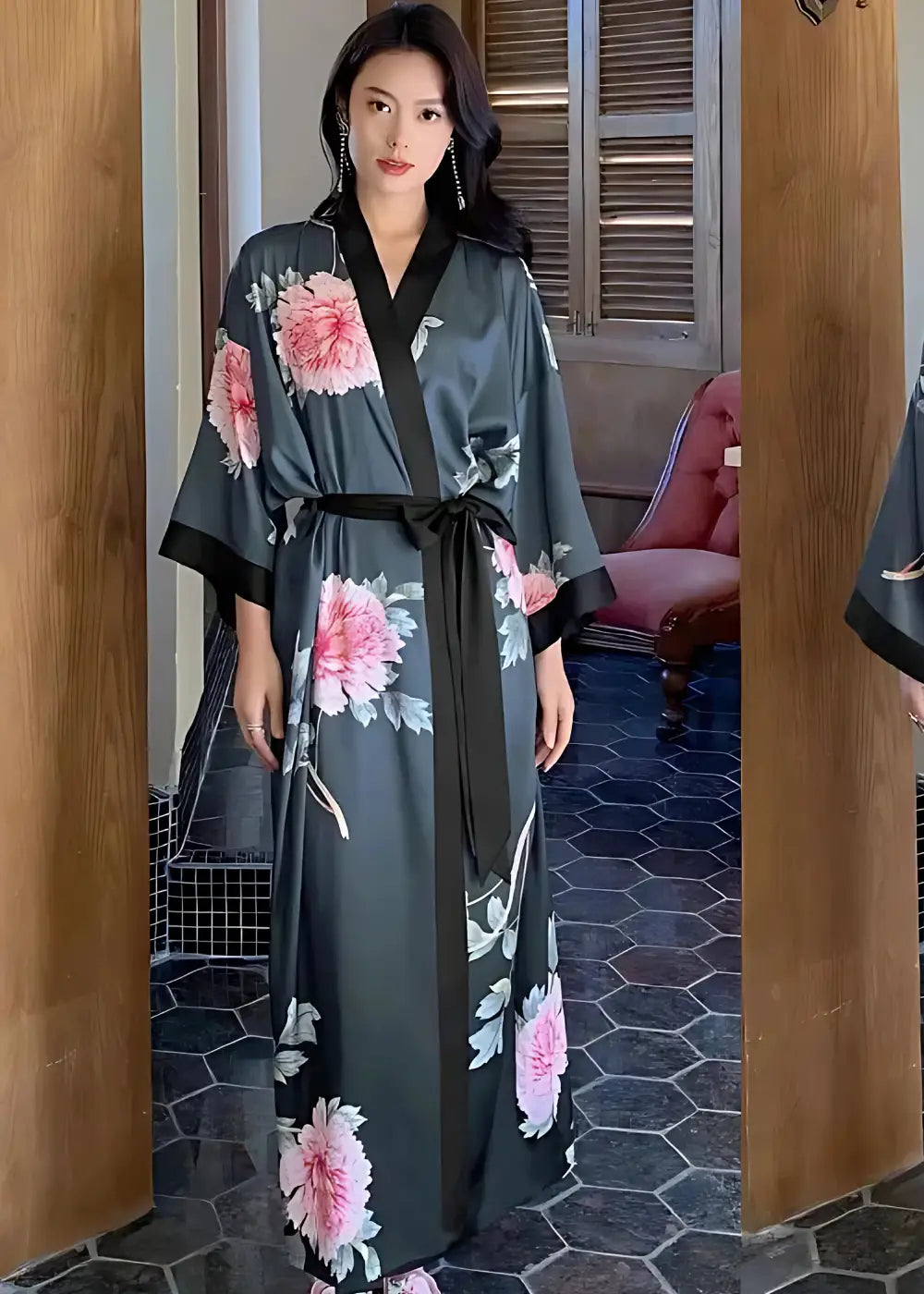 Kimono de Nuit Fleuri à Manches Mi-Longues