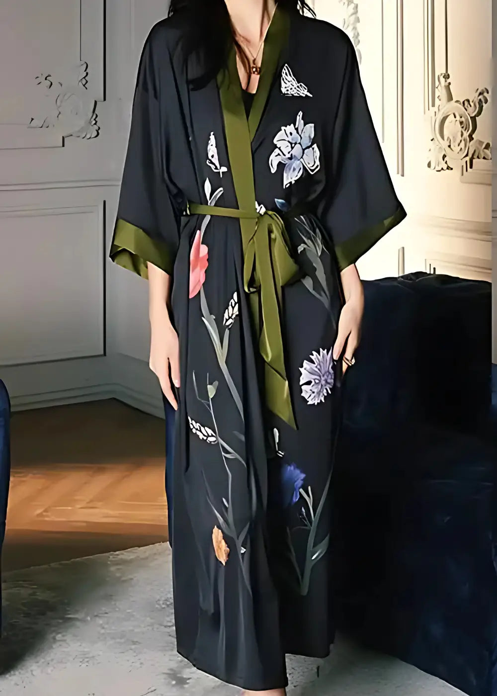 Kimono De Nuit Noir Fleuri