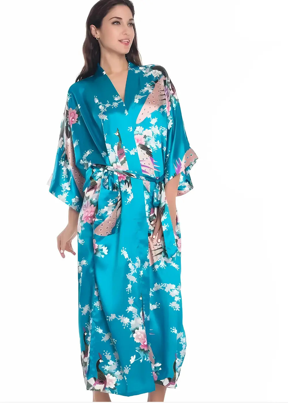 Kimono Femme Japonais en Satin Bleu