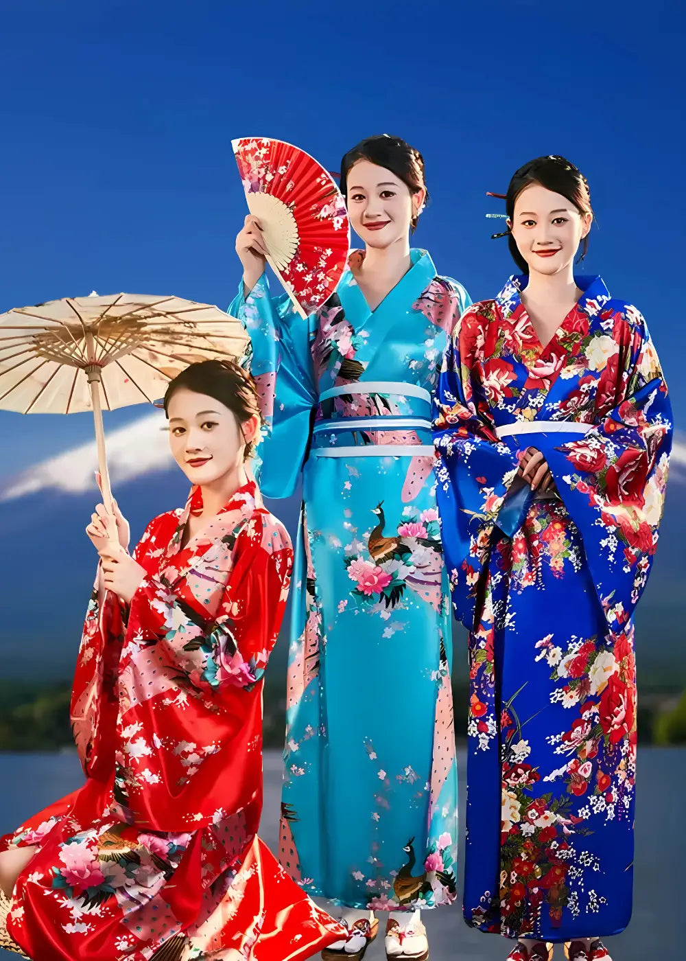 Kimono Japonais Femme Bleu et Rouge