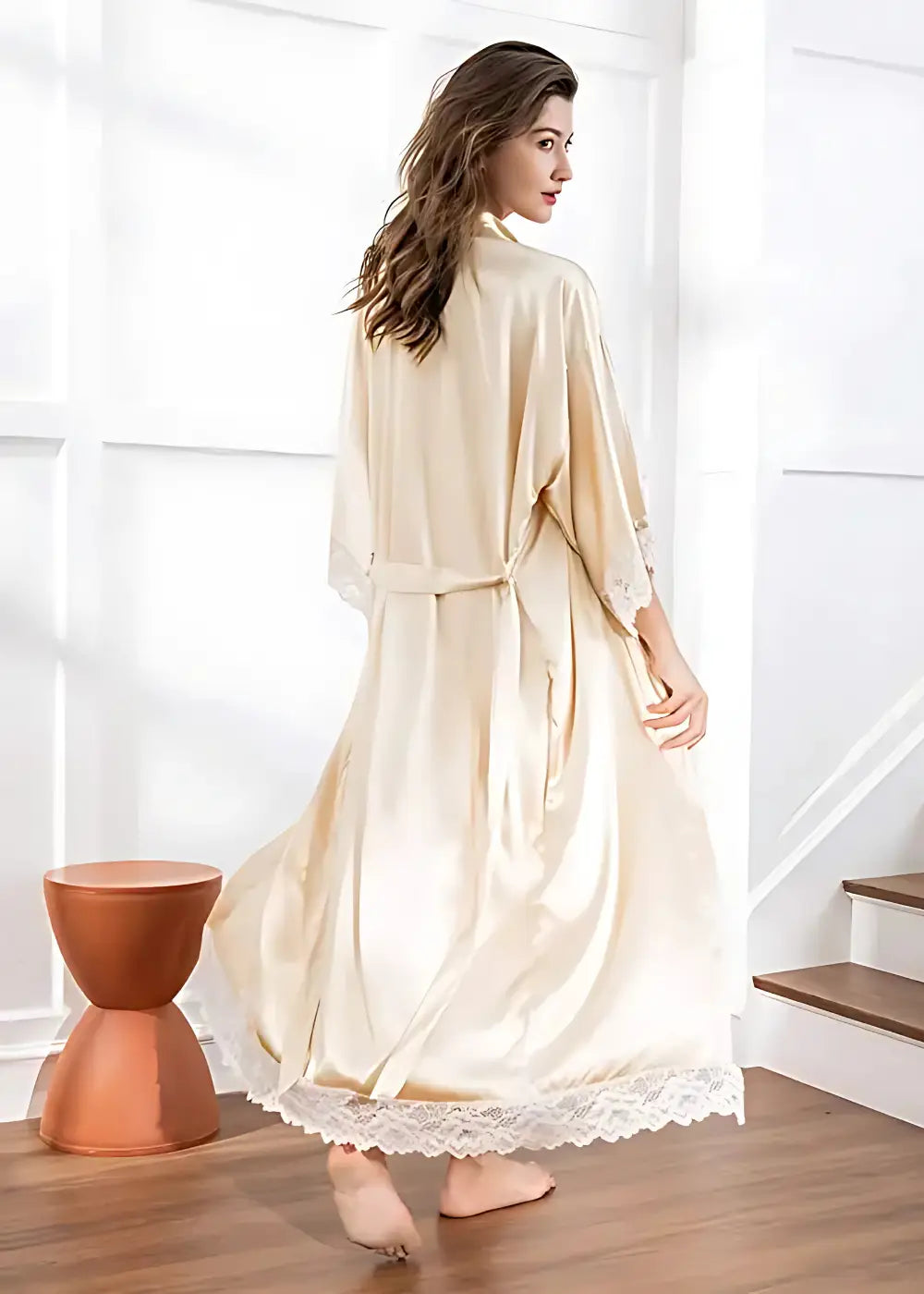 Kimono Long en Satin Beige Uni Femme