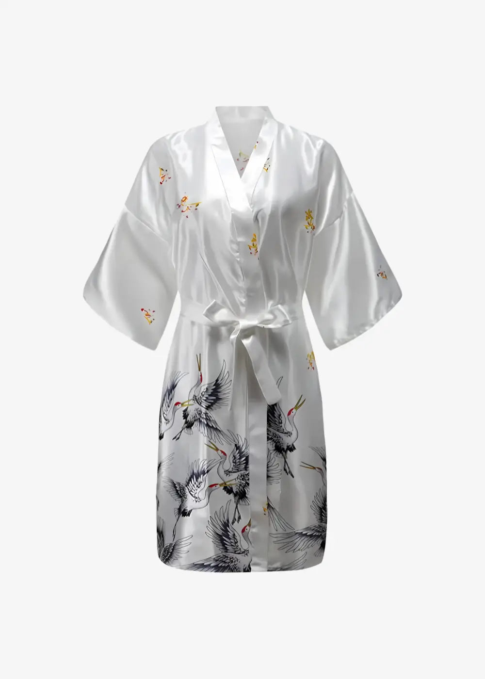 Kimono Long en Satin Blanc | Grues Japonaises