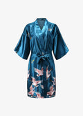 Kimono Long en Satin Bleu Canard | Grues Japonaises