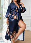 Kimono Long en Satin Bleu Floral Femme