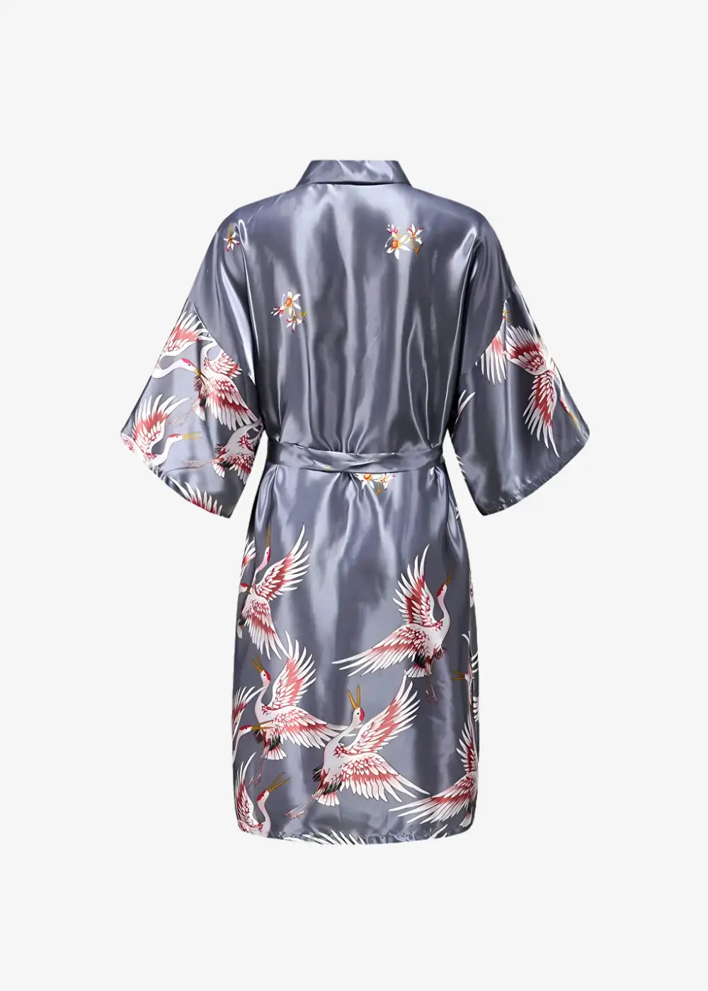 Kimono Long en Satin Gris | Grues Japonaises