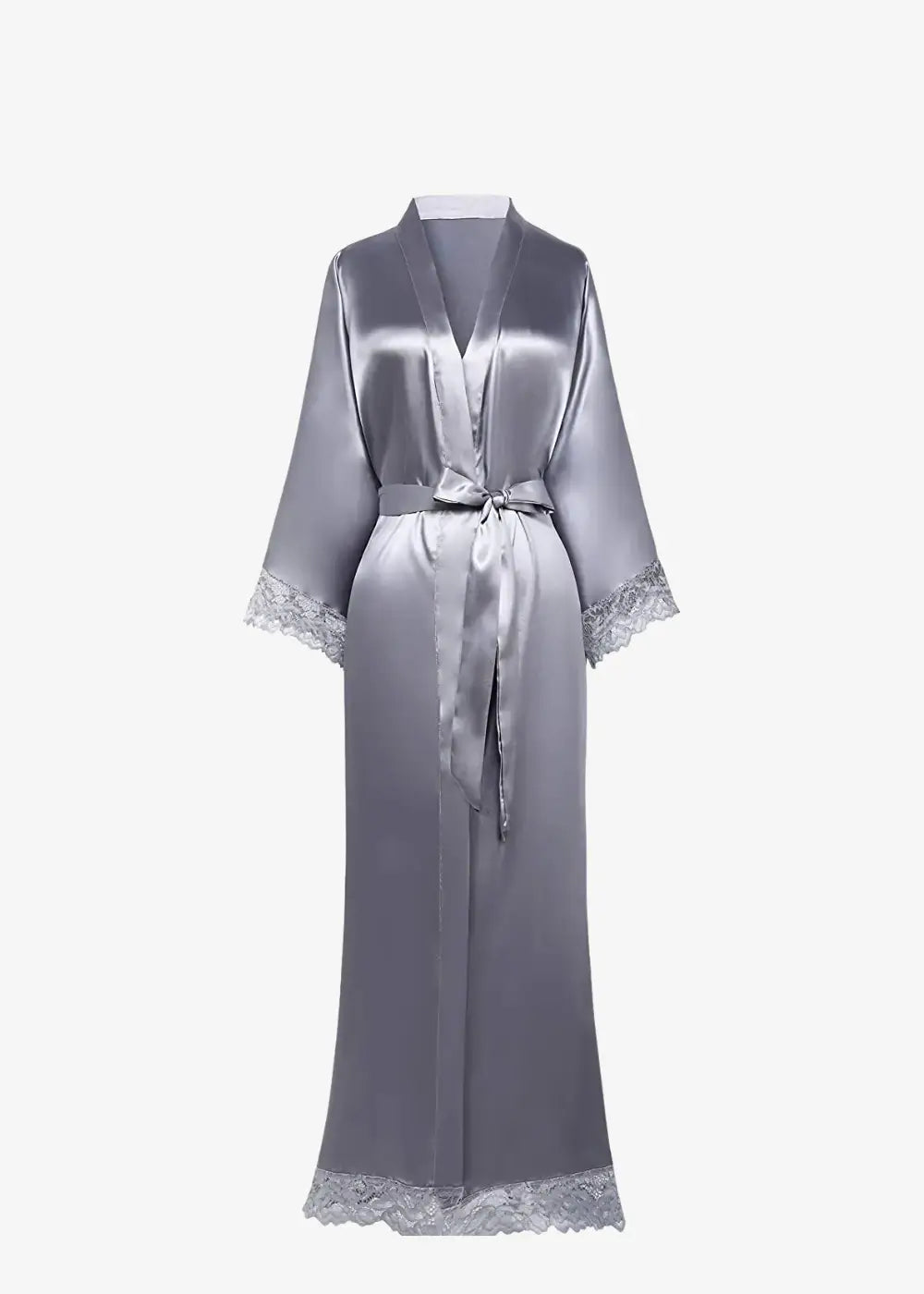 Kimono Long en Satin Gris Uni Femme