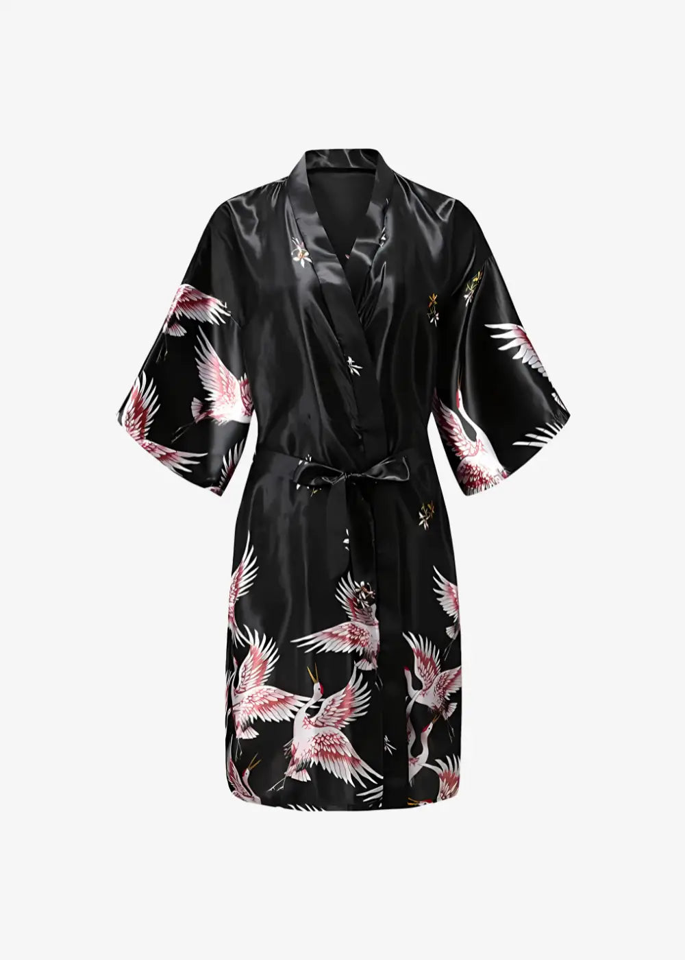 Kimono Long en Satin Noir | Grues Japonaises