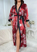 Kimono Long en Satin Rouge Floral Femme