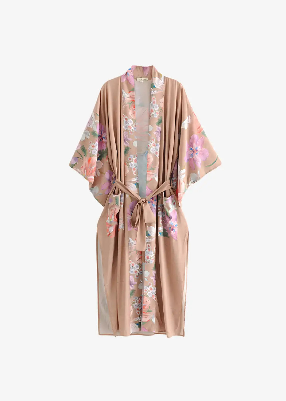 Kimono Long Fleuri Femme Beige