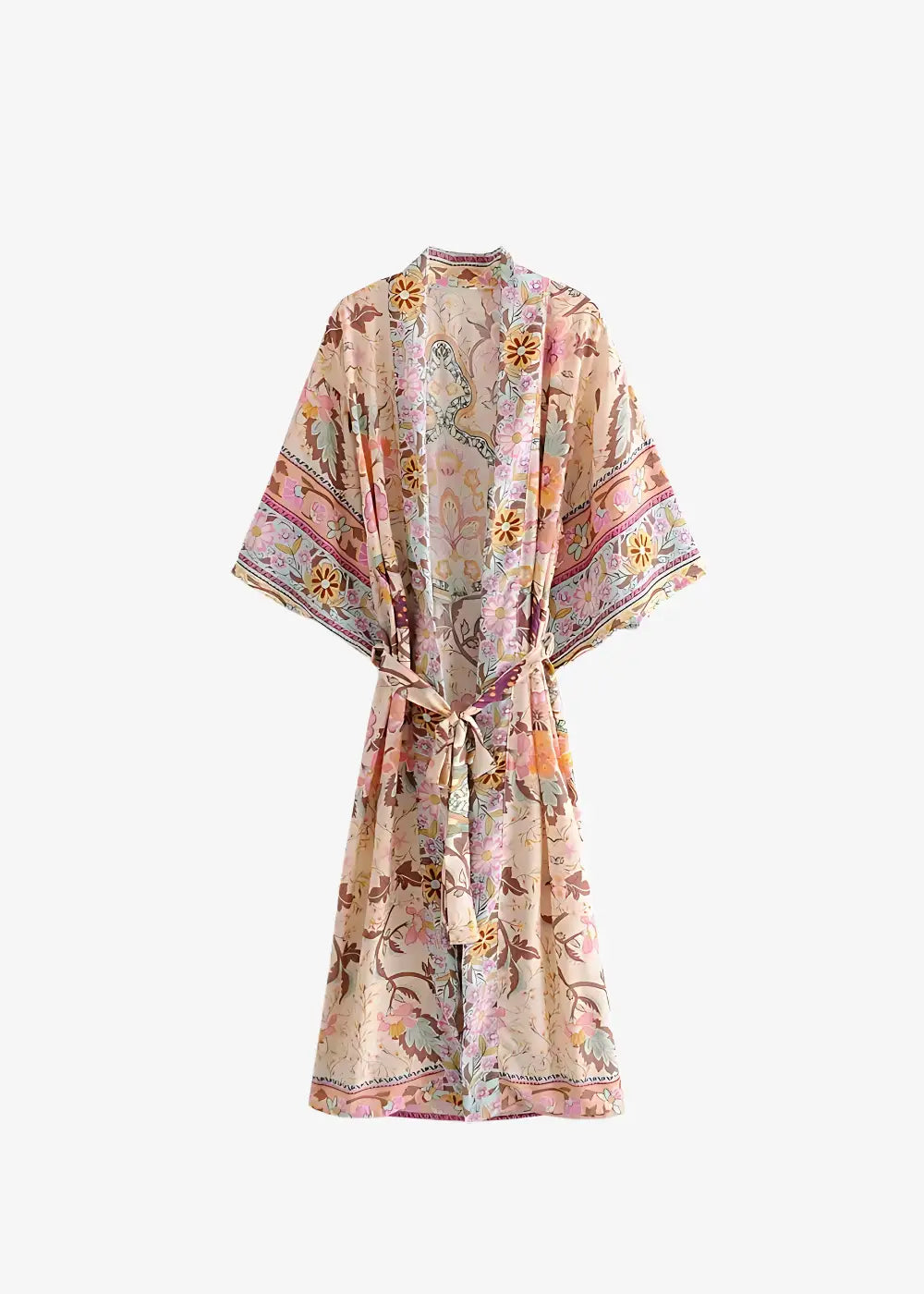 Kimono Long Fleuri Rose Pâle