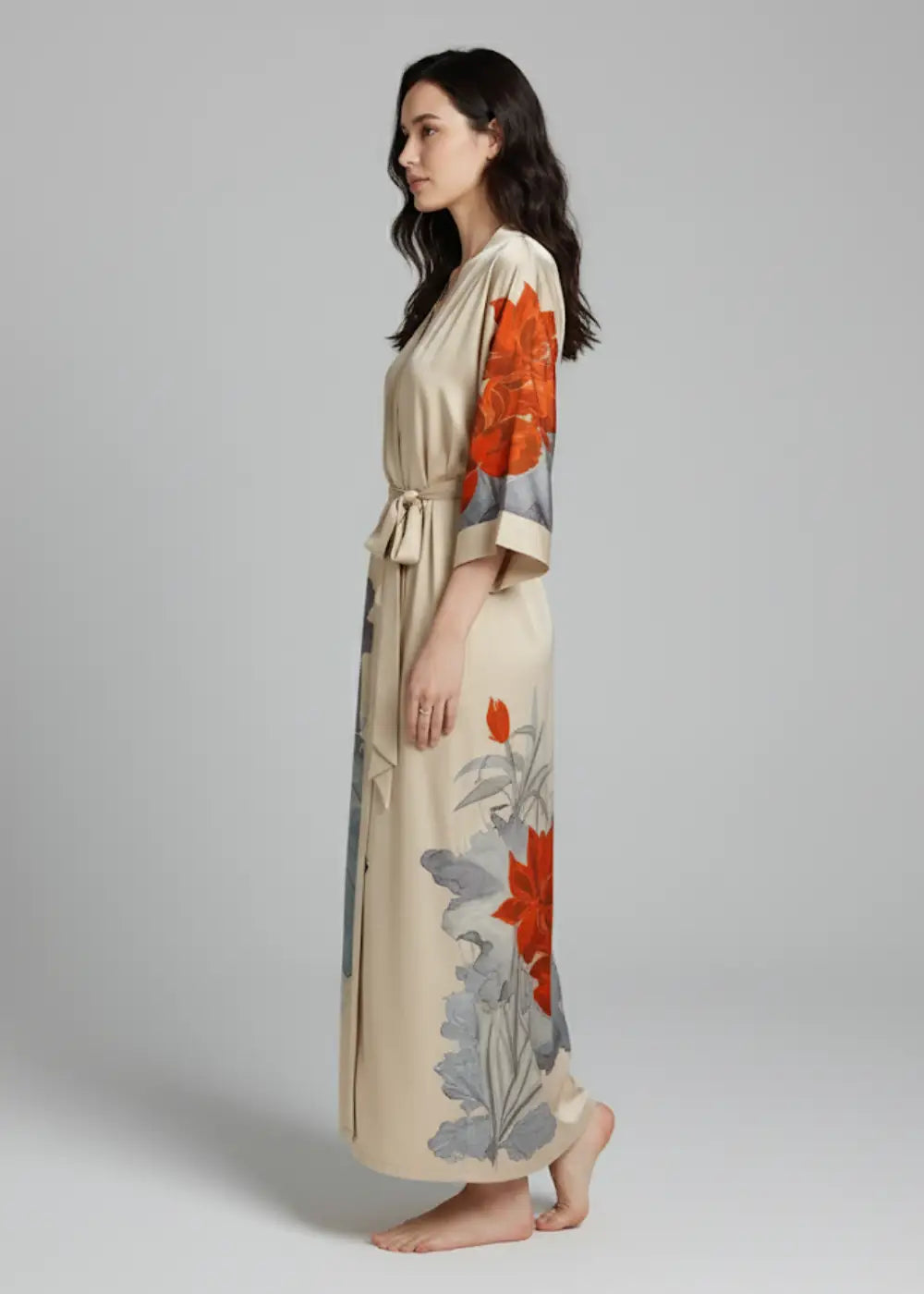 Kimono Nuit Femme Beige Fleuri