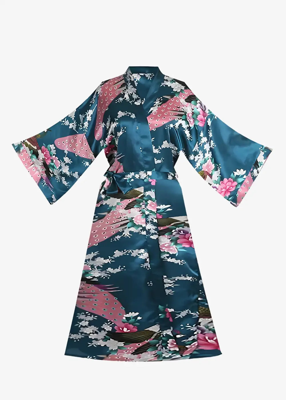 Kimono Satin Bleu Canard à Fleurs