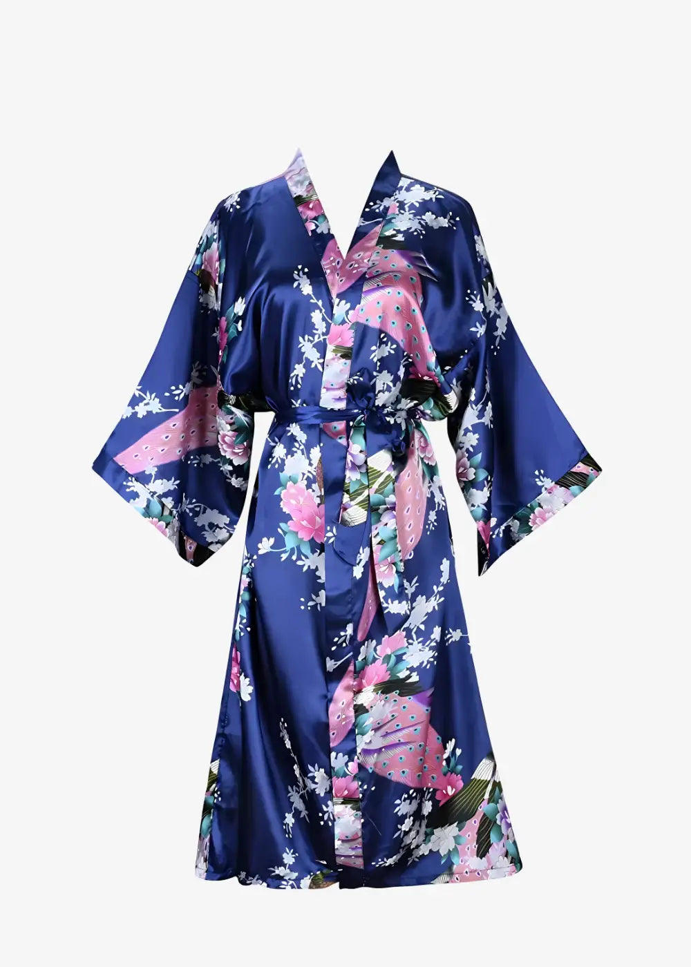 Kimono Satin Bleu Rois à Fleurs
