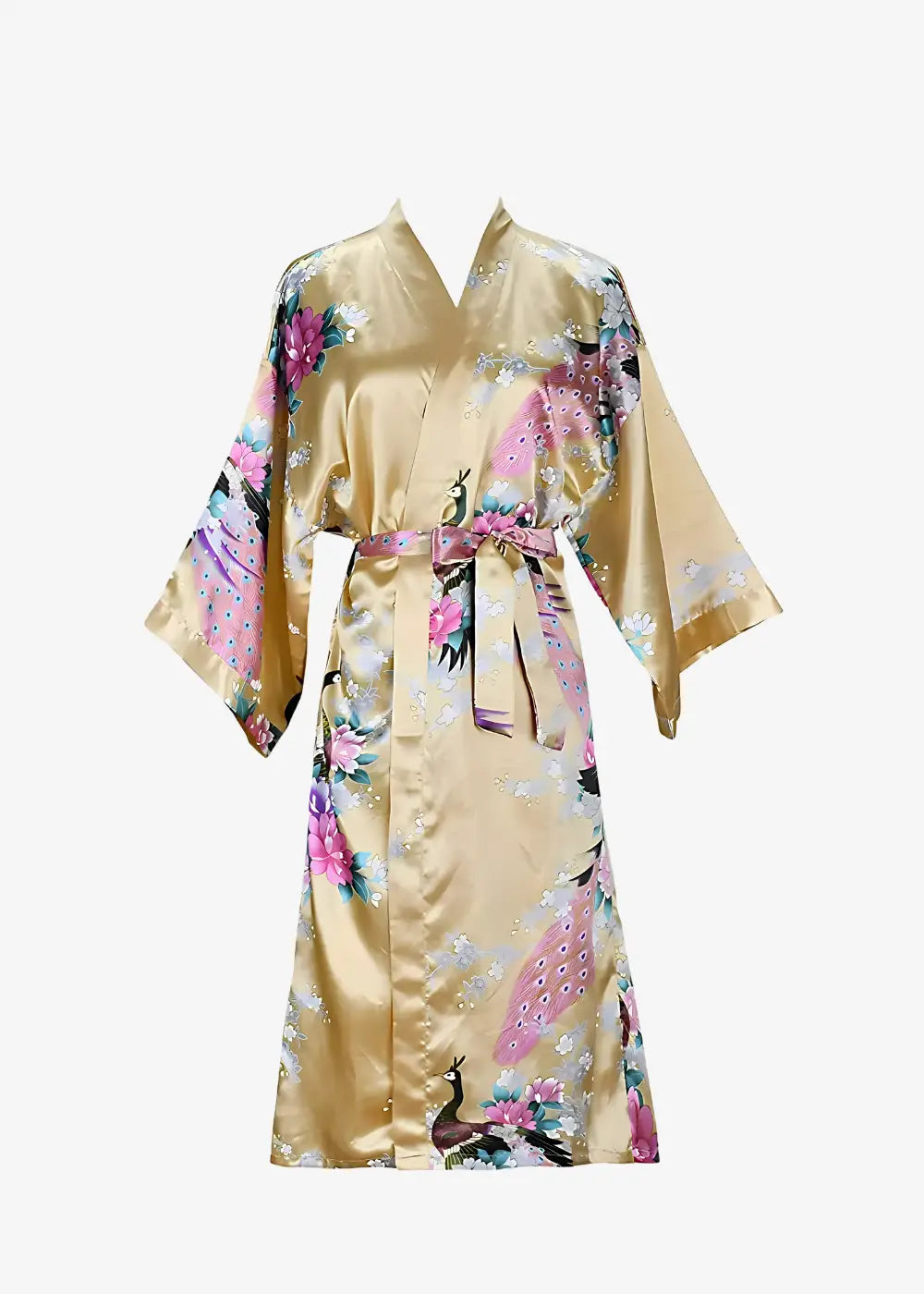 Kimono Satin Femme Jaune Fleuri