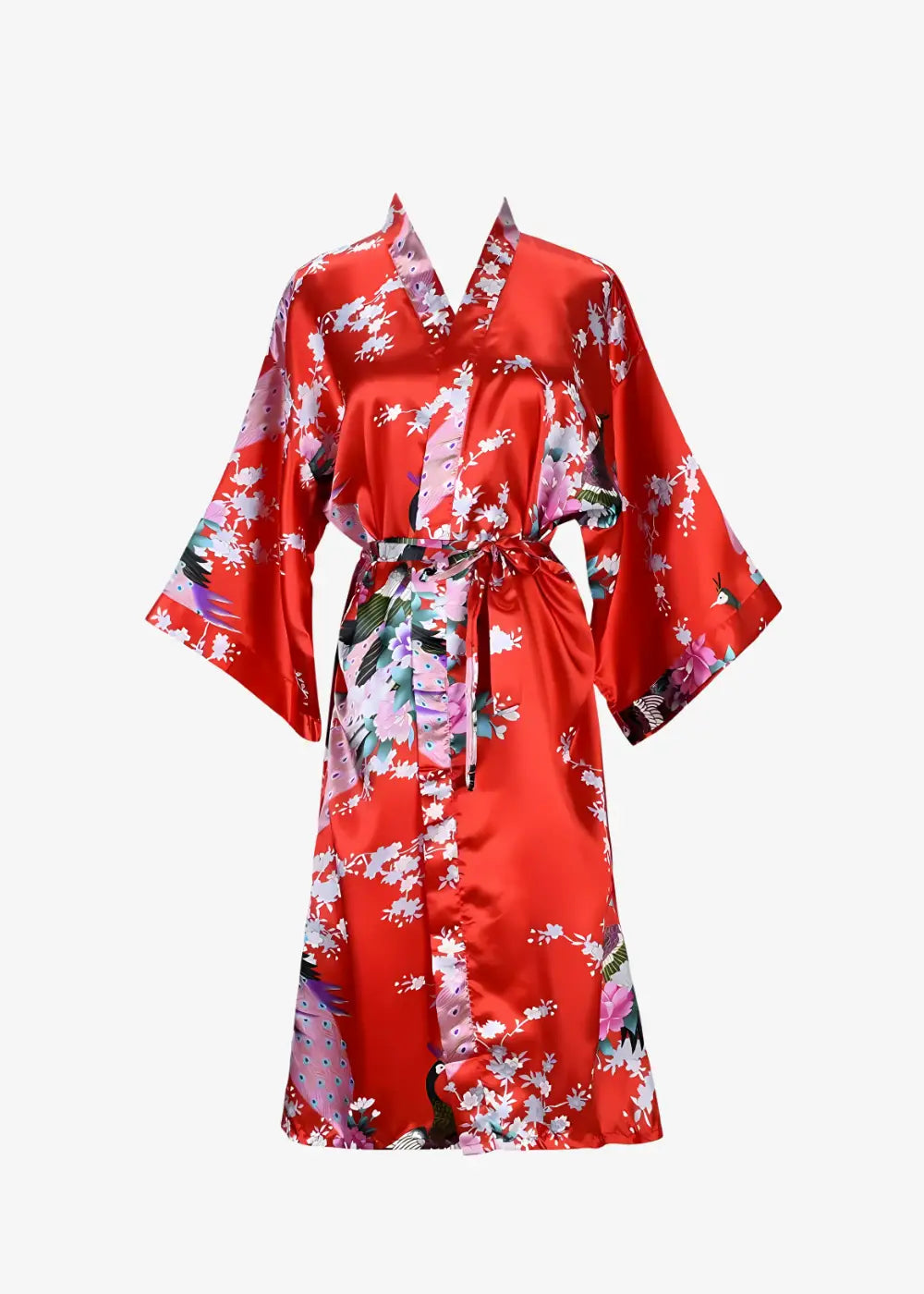 Kimono Satin Femme Rouge Floral