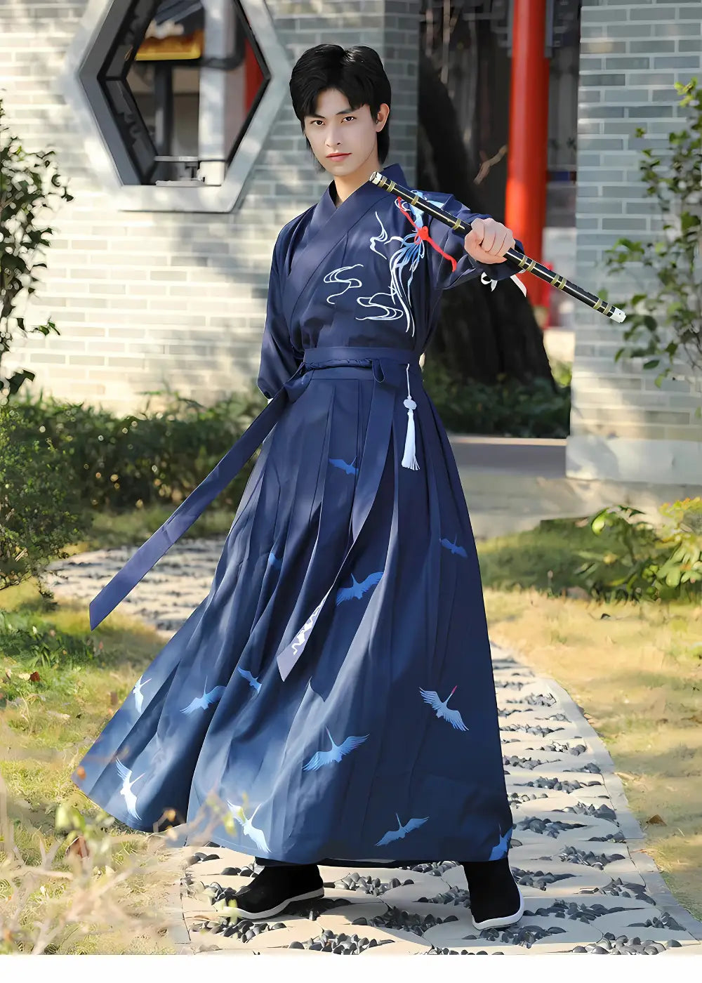 Kimono Traditionnel Bleu Grues Japonaises Homme