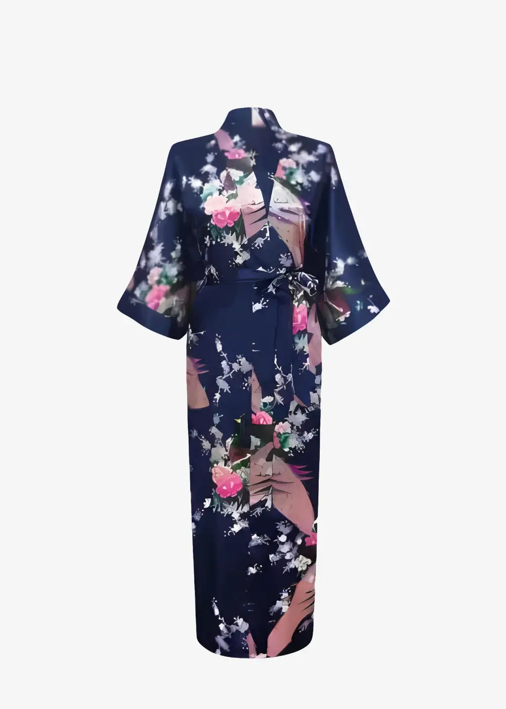 Peignoir Kimono Femme en Satin Bleu Nuit