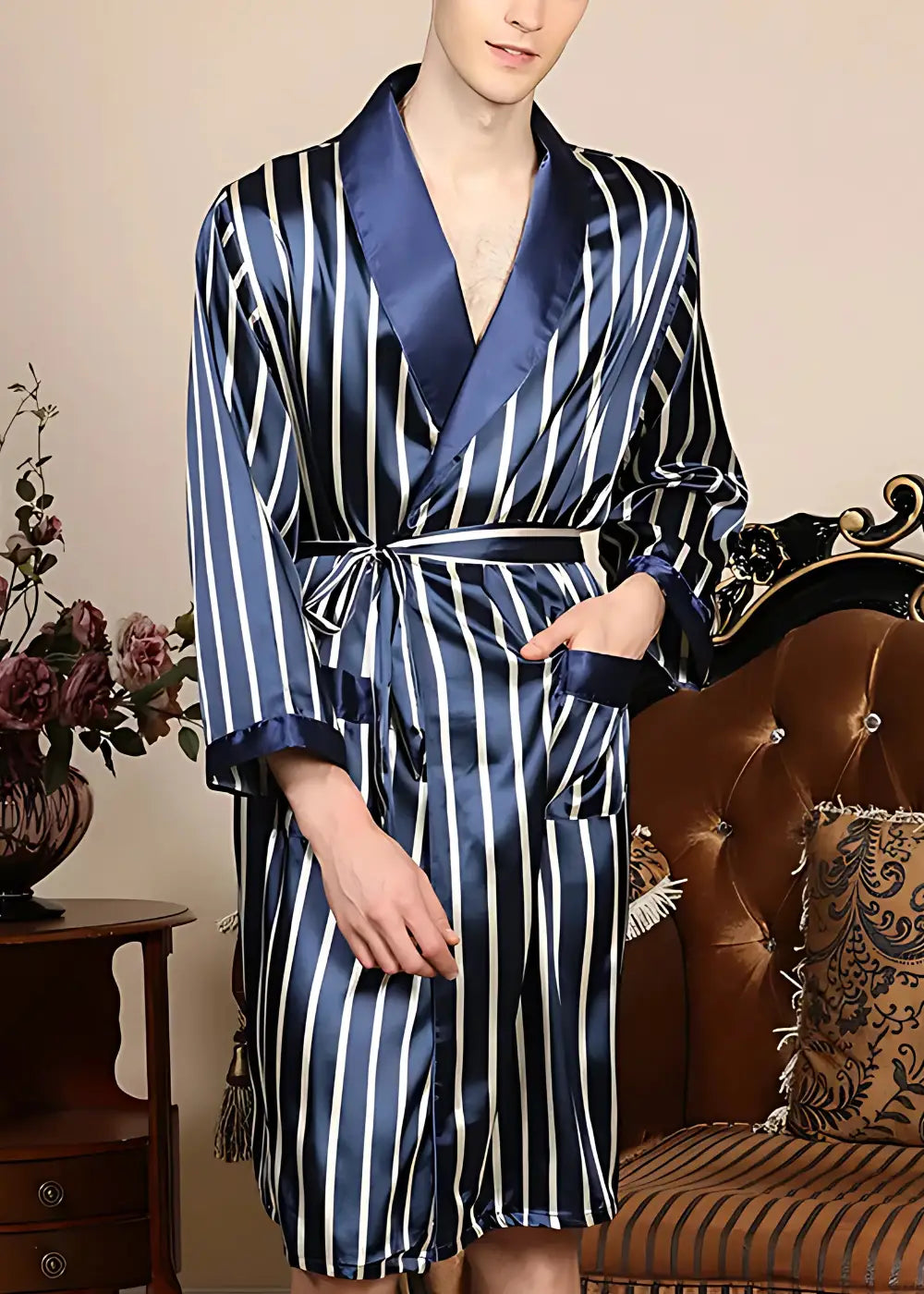 Peignoir Kimono Homme Satiné Bleu à Rayures