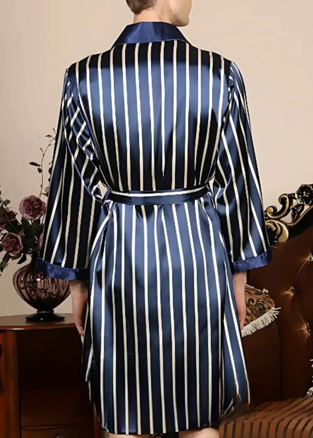 Peignoir Kimono Homme Satiné Bleu à Rayures