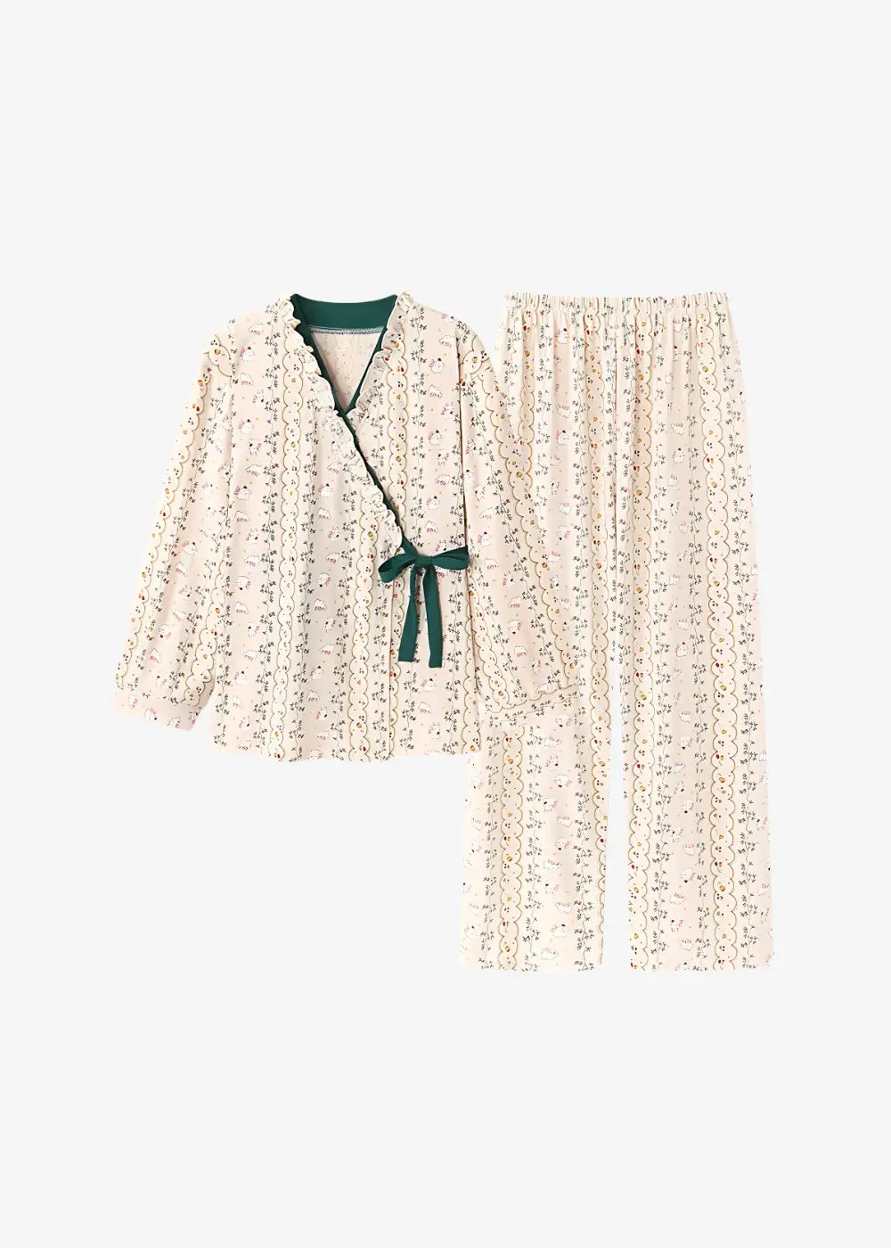 Pyjama Kimono Femme Beige et Vert