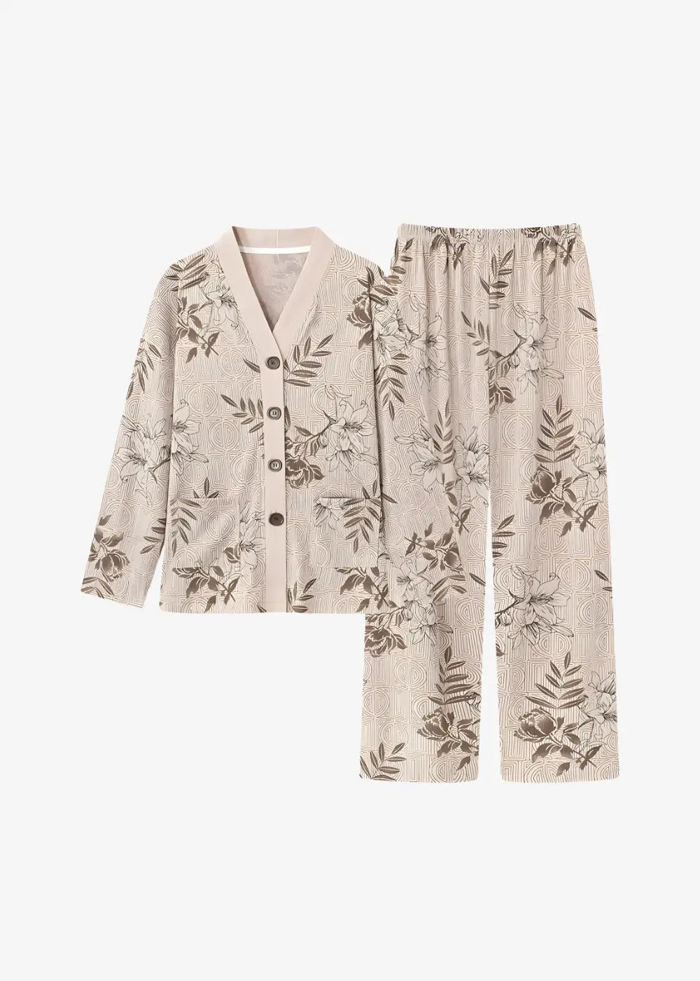 Pyjama Kimono Femme Beige Motif Feuilles