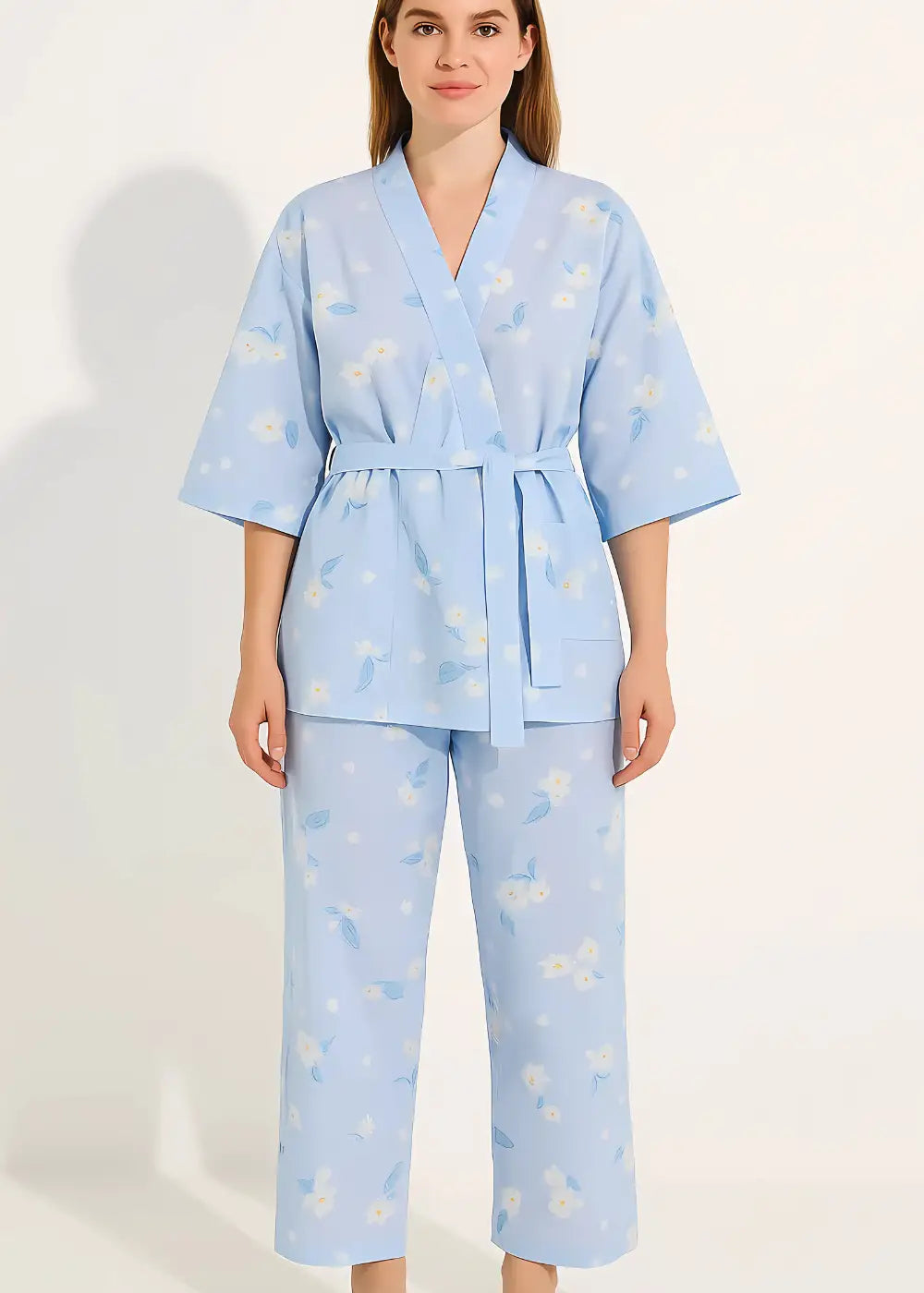 Pyjama Kimono Femme Bleu Fleuri