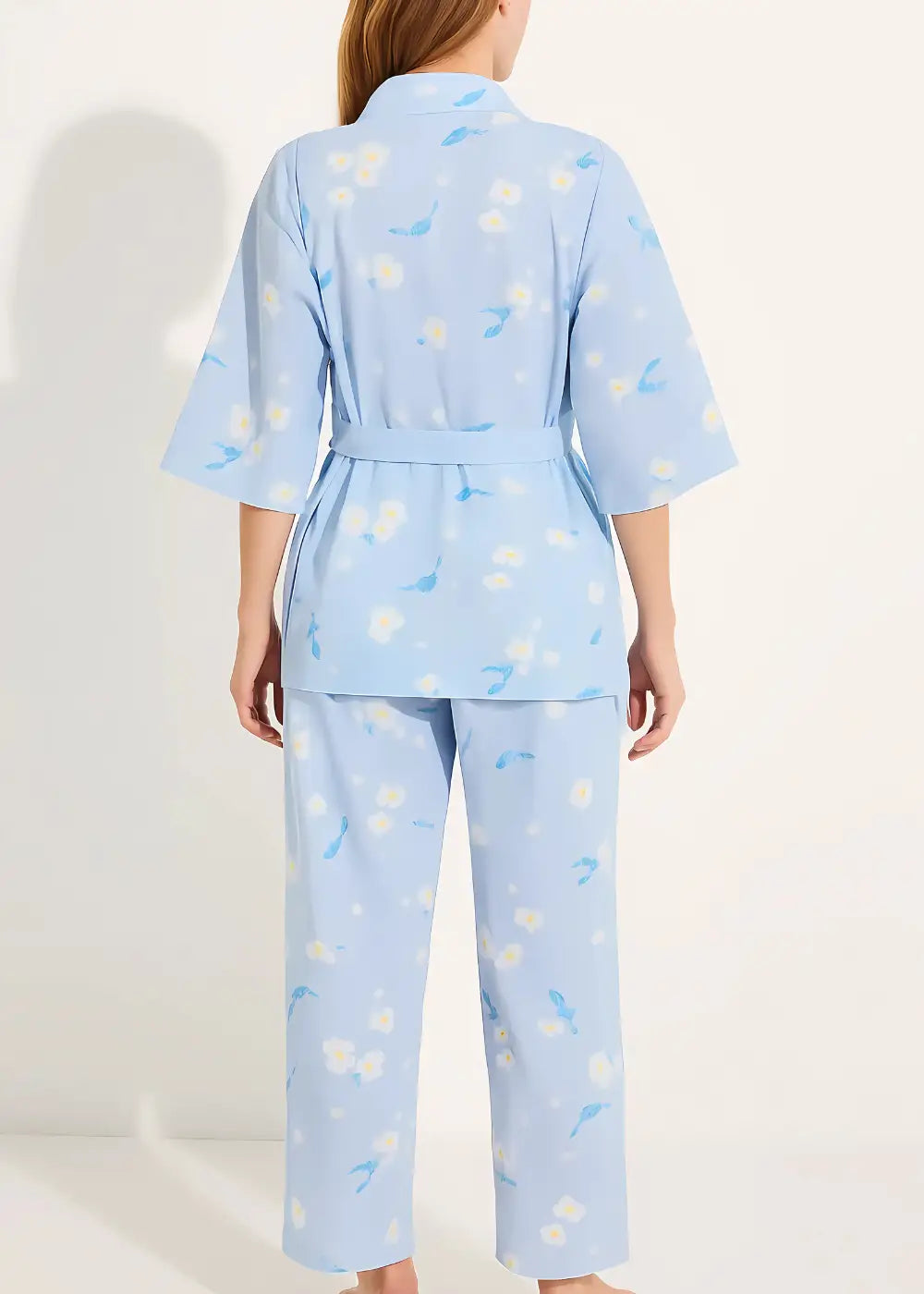 Pyjama Kimono Femme Bleu Fleuri