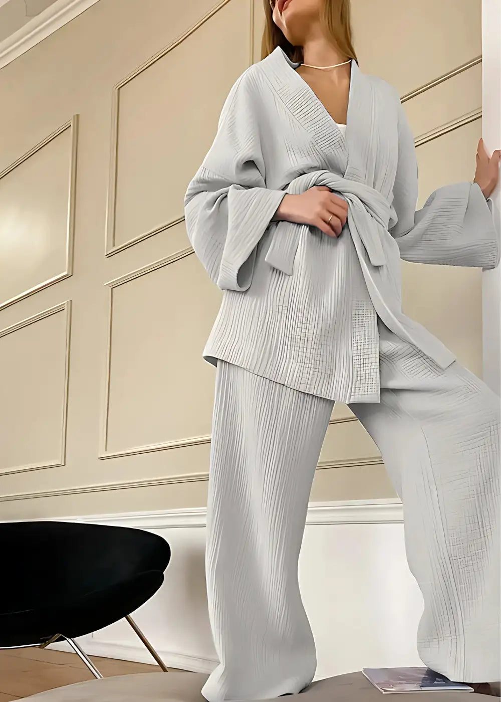 Pyjama Kimono Femme en Coton Gris Clair