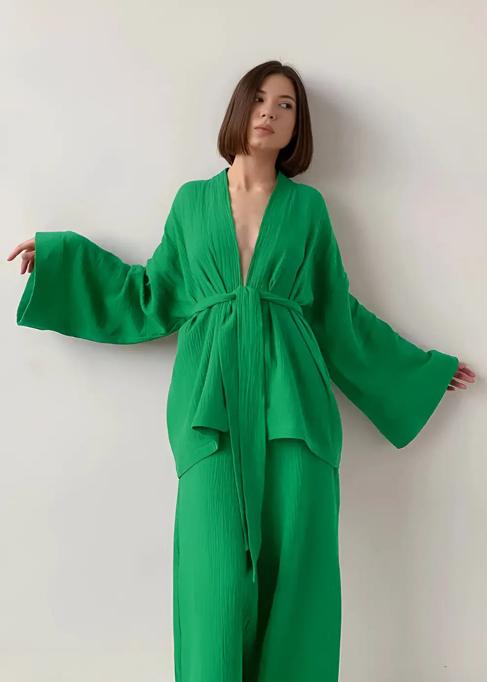 Pyjama Kimono Femme en Coton Vert Vif