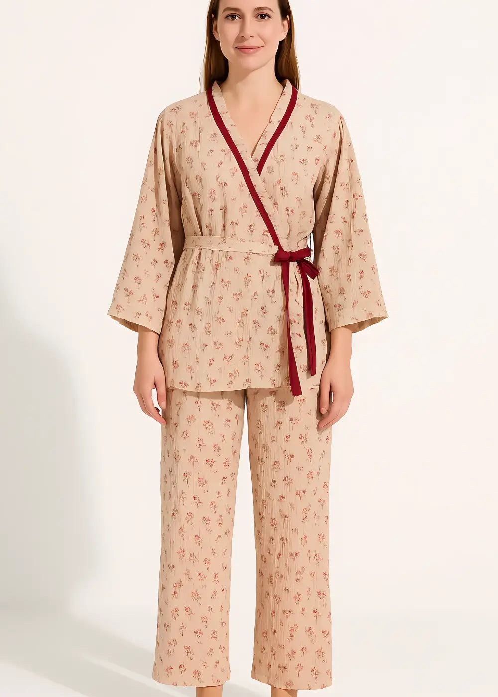 Pyjama Kimono Femme en Gaze De Coton Beige