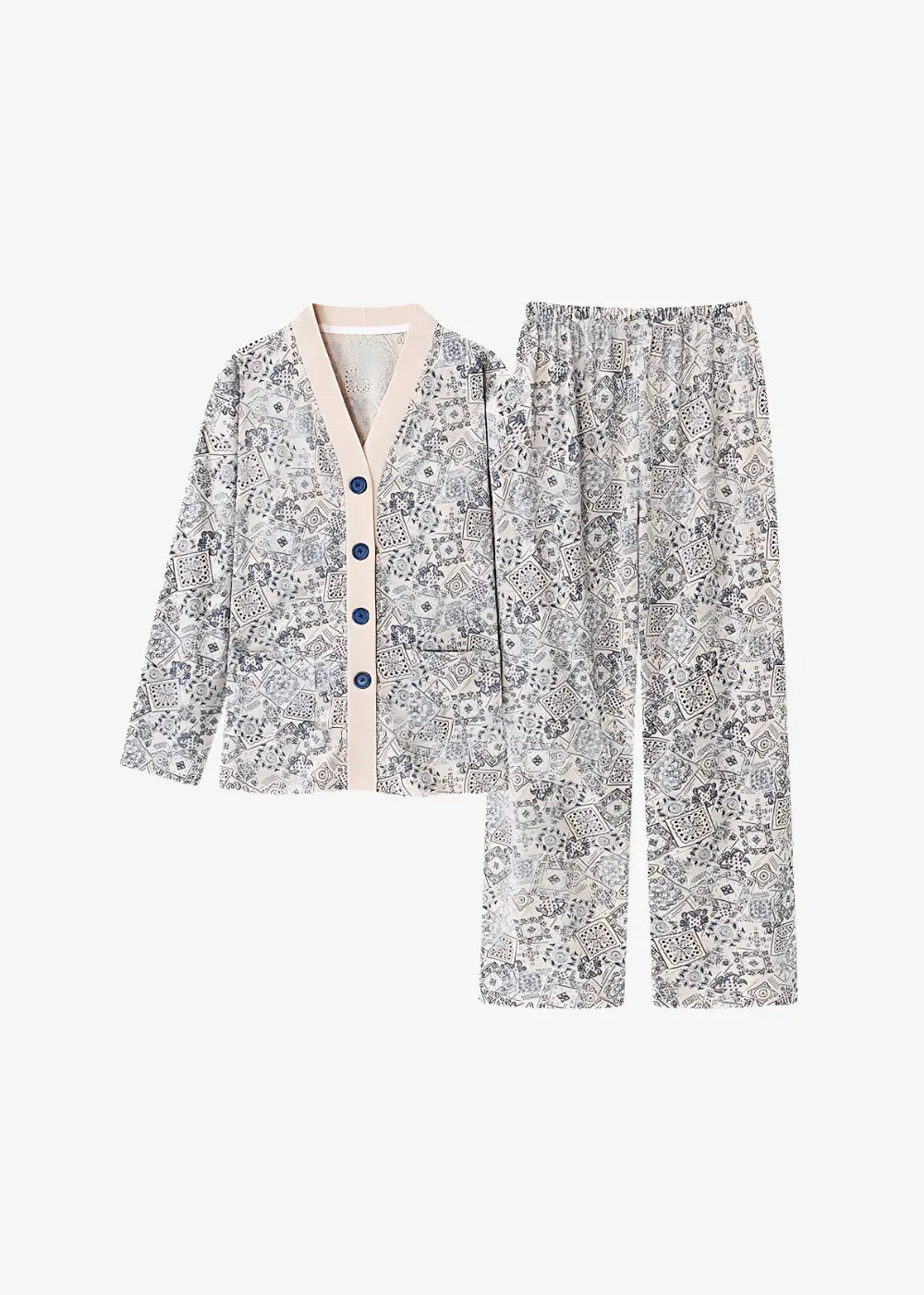 Pyjama Kimono Femme Gris et Crème