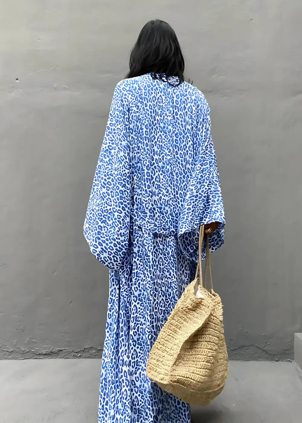 Robe Kimono à Imprimé Léopard Bleu