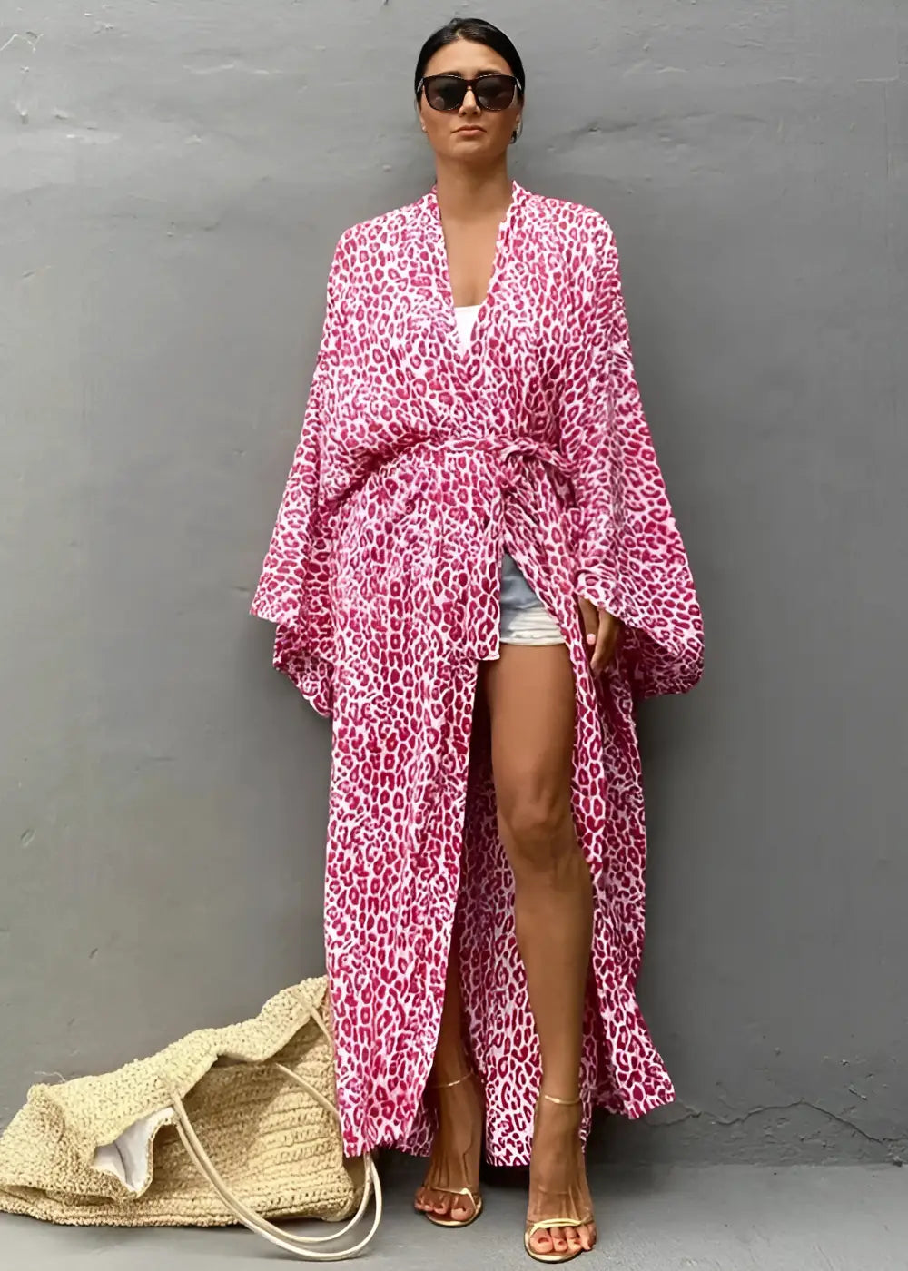 Robe Kimono à Imprimé Léopard Rose