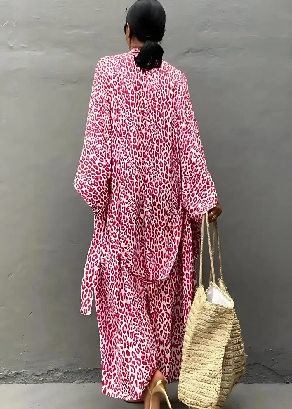 Robe Kimono à Imprimé Léopard Rose