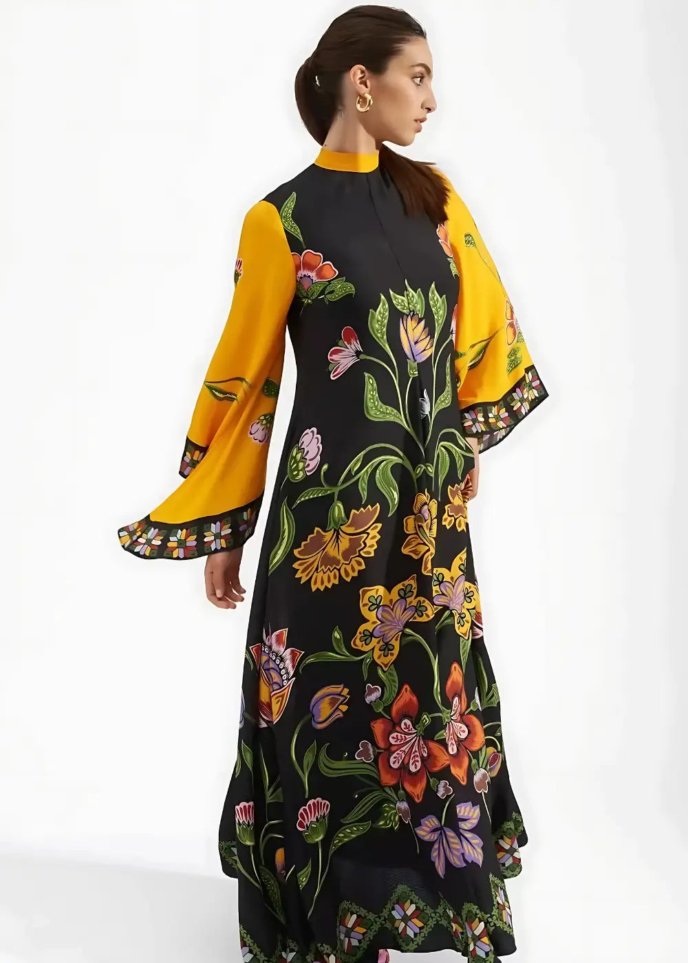 Robe Kimono Femme Noire et Jaune Floral