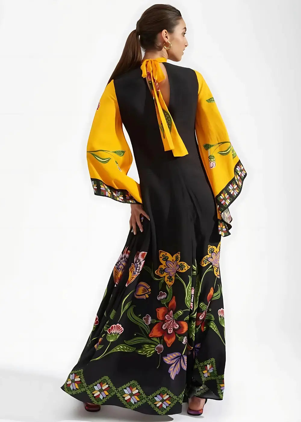 Robe Kimono Femme Noire et Jaune Floral