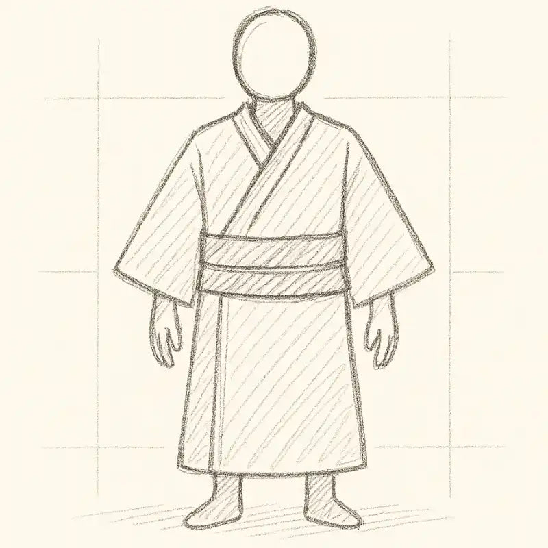 Une esquisse simple d'une personne portant un kimono avec un obi.