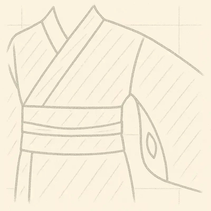 Un dessin d'un vêtement de style traditionnel japonais avec un col en V, des panneaux frontaux superposés et une large ceinture obi.
