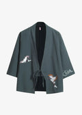 Veste Kimono Bleu Gris Lin Grues Japonaise