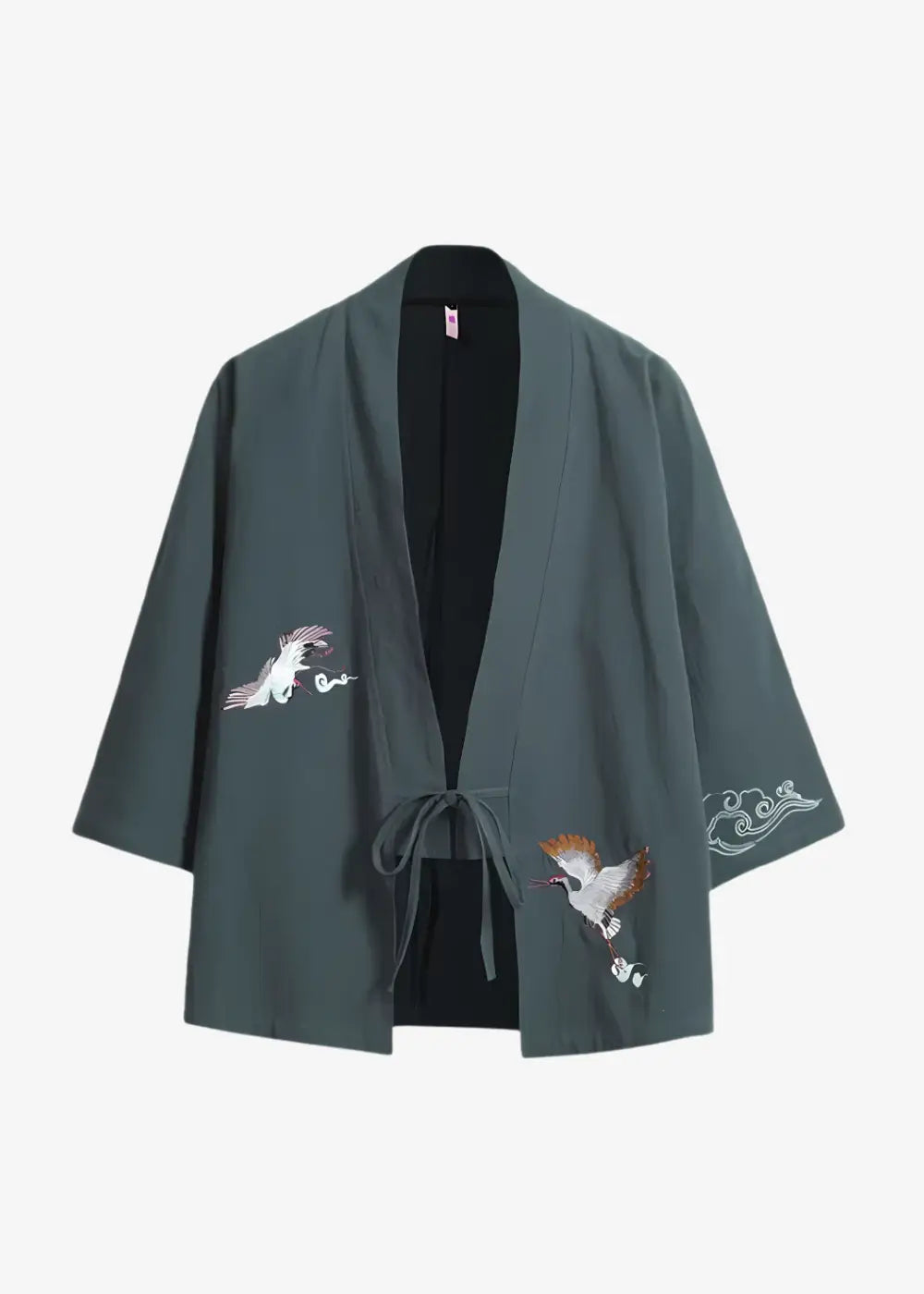 Veste Kimono Bleu Gris Lin Grues Japonaise