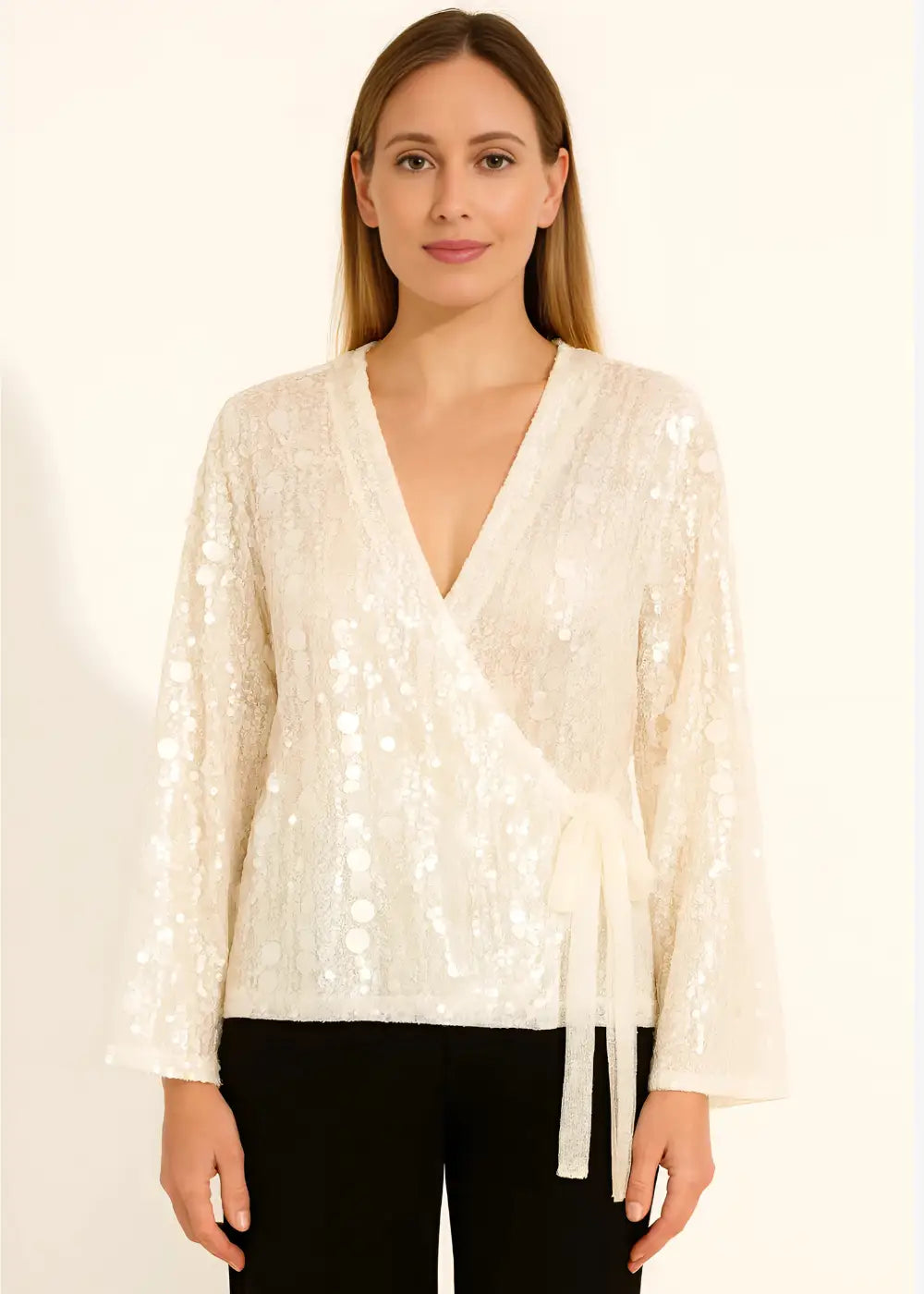 Veste Kimono Cache-Cœur à Paillettes Blanc
