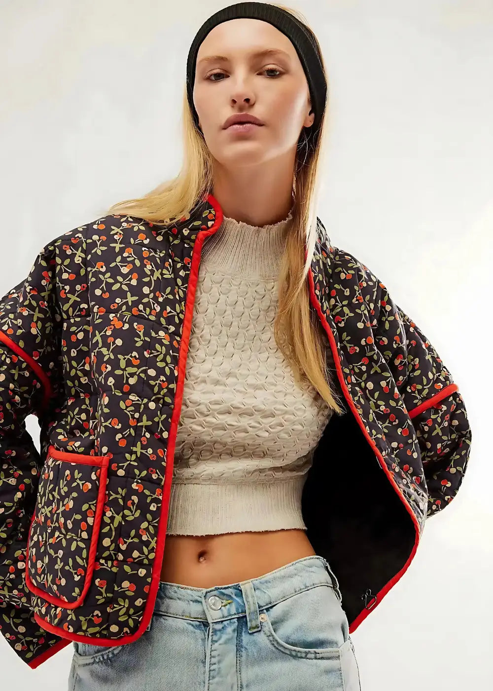 Veste Kimono Femme à Fleur Noire et Rouge