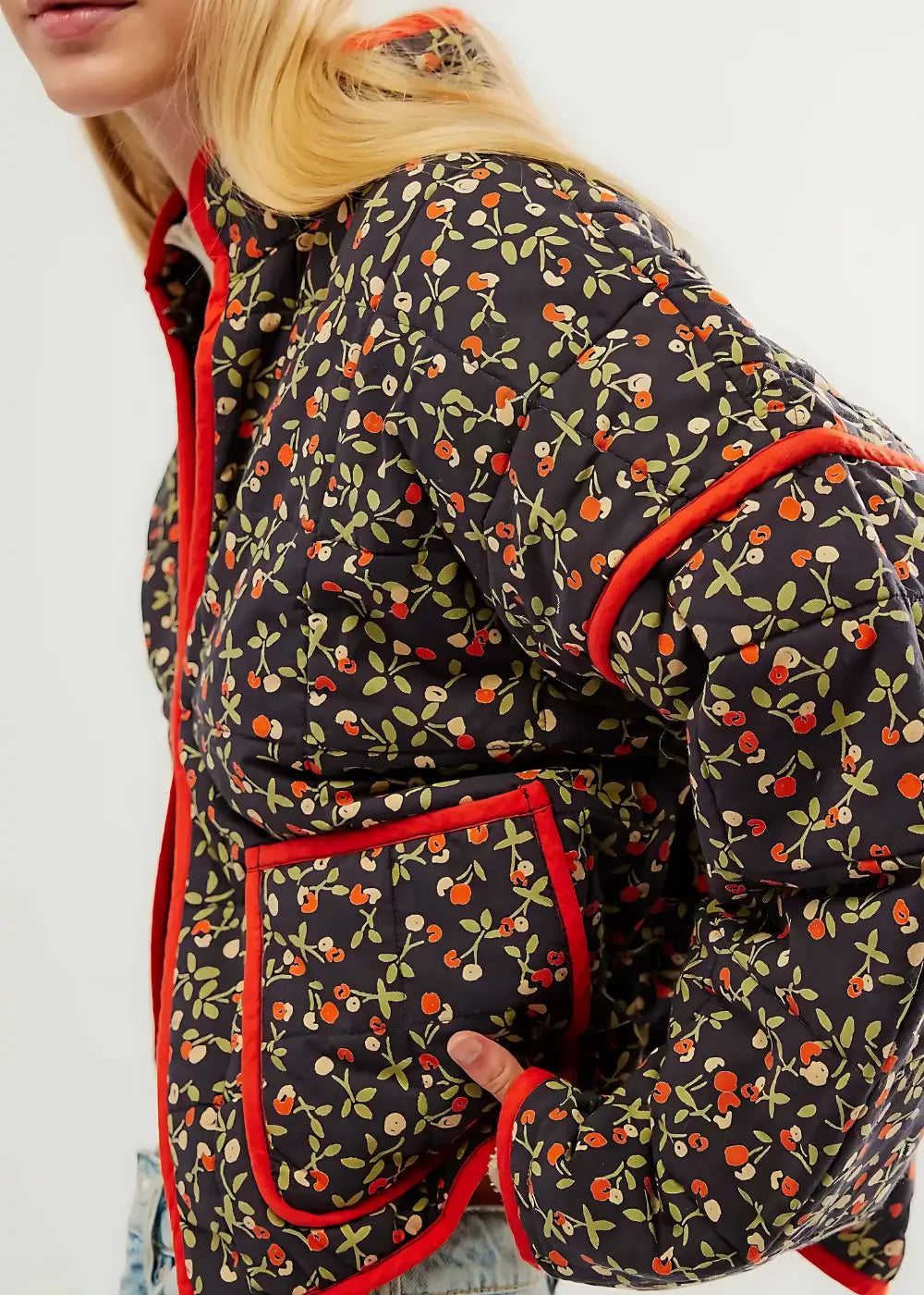 Veste Kimono Femme à Fleur Noire et Rouge