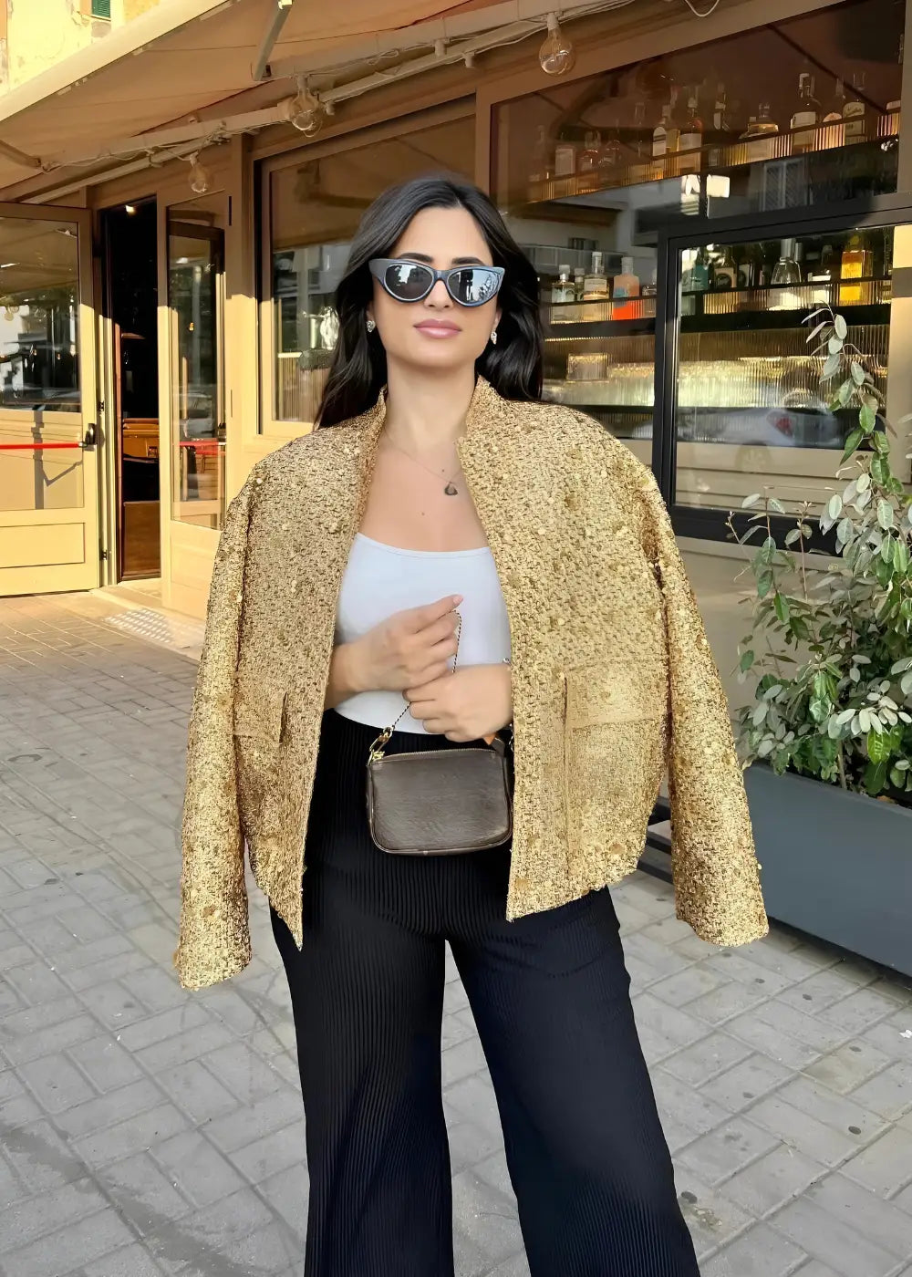 Veste Kimono Femme Doré à Paillettes