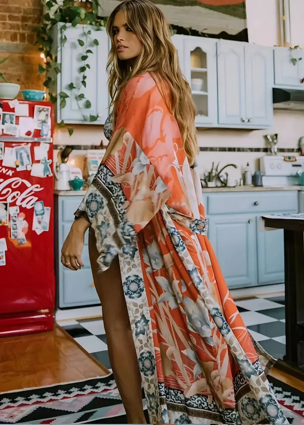 Veste Kimono Fleuri Rouge