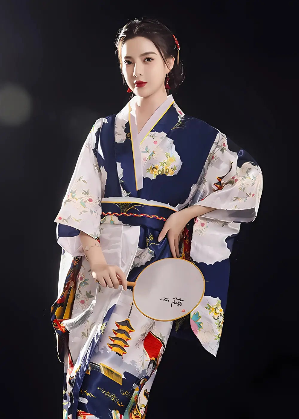 Yukata Kimono Femme Avec Obi Bleu Nuit