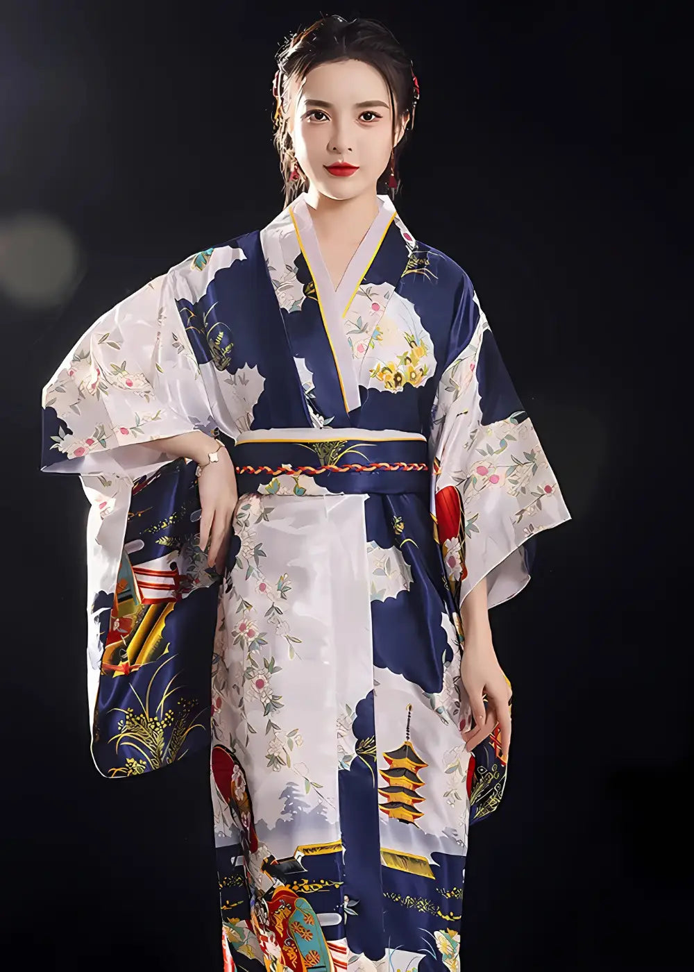 Yukata Kimono Femme Avec Obi Bleu Nuit