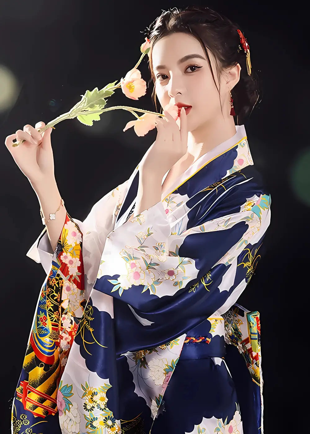 Yukata Kimono Femme Avec Obi Bleu Nuit