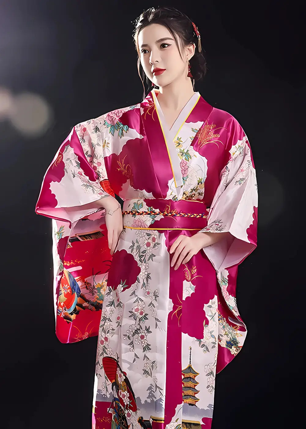 Yukata Kimono Femme Japonais Avec Obi Fuchsia