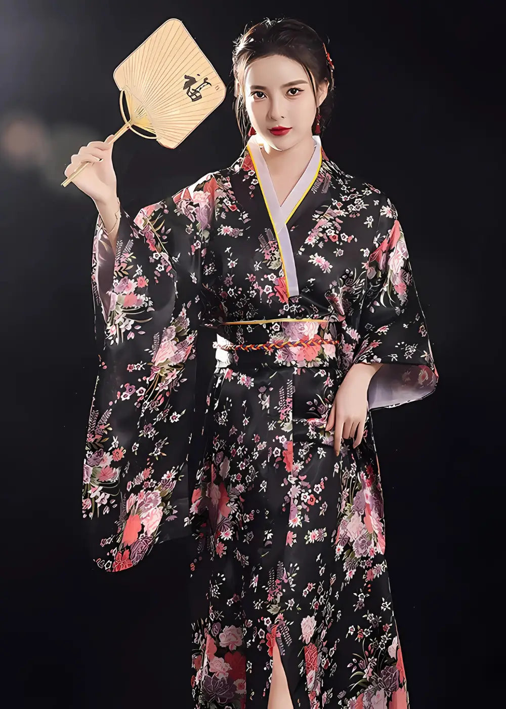 Yukata Kimono Femme Japonais Avec Obi Noir